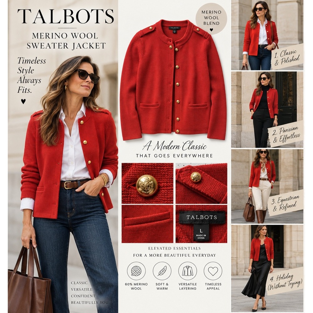 Talbots Womens L Red Merino Wool Cardigan Jacket Gold Buttons Military Epaulet